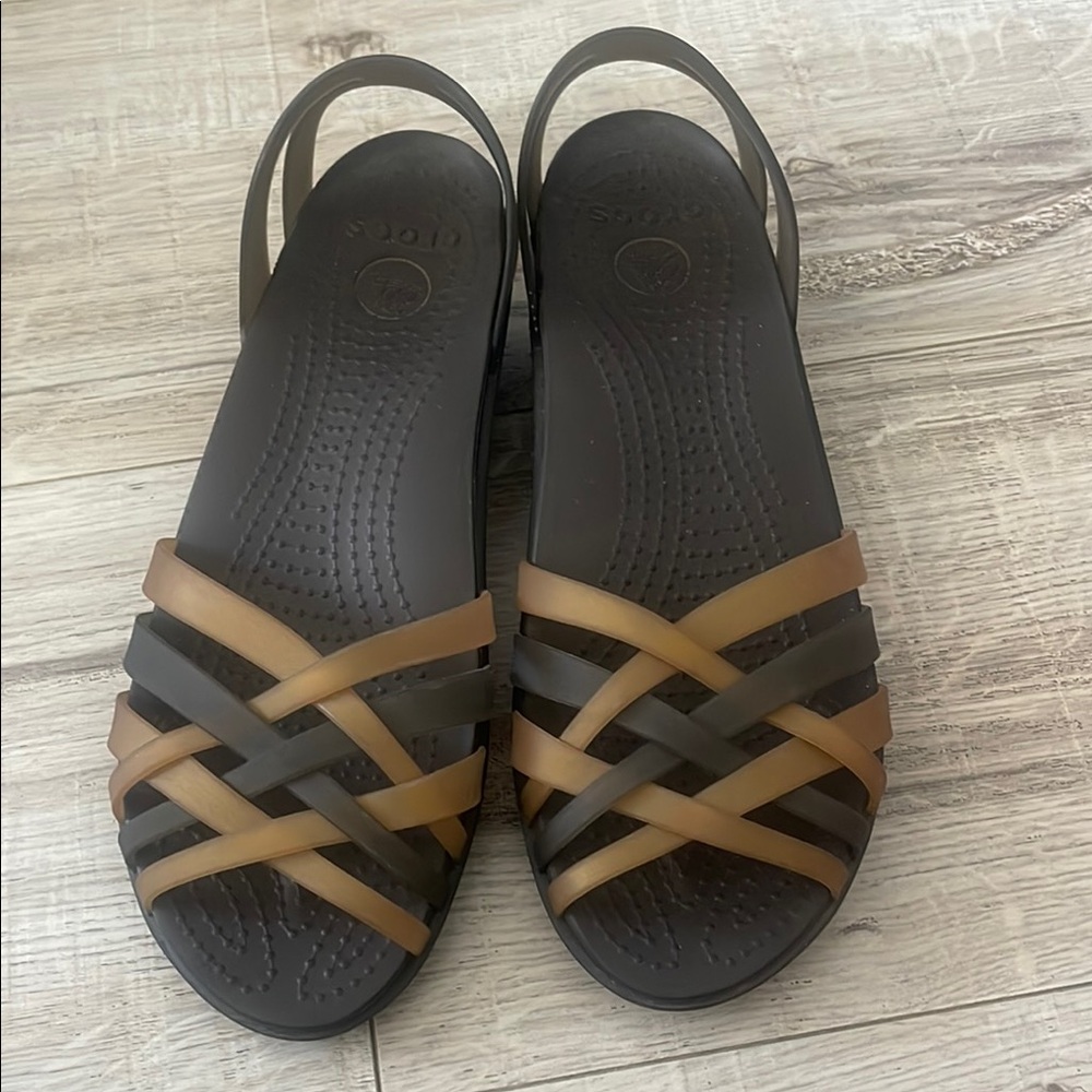 CROCS Brown and Tan Flats with Strappy Design size 8
